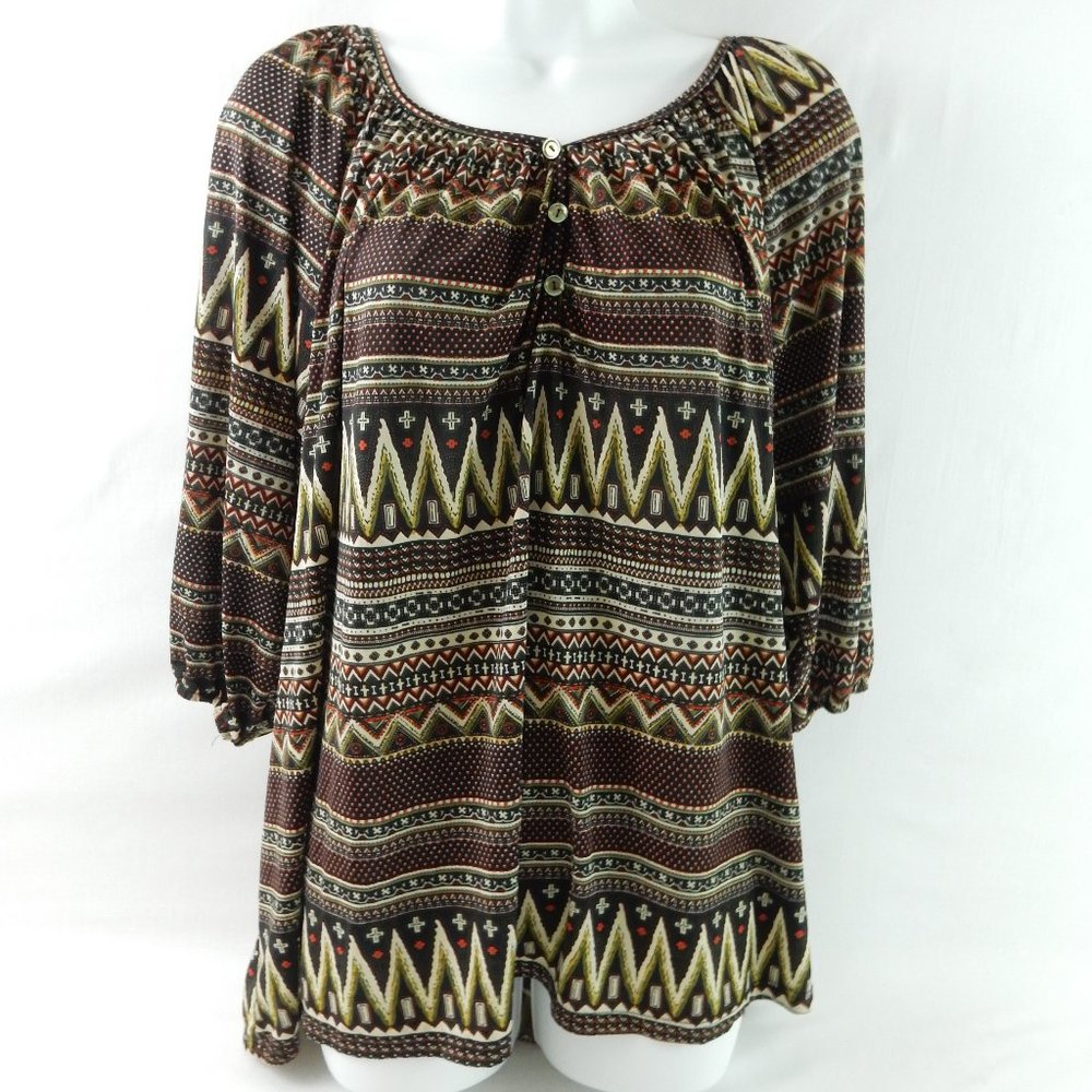 Women's Cinched Neckline & 3/4 Sleeve Woven Top Size 2X Henley Neckline